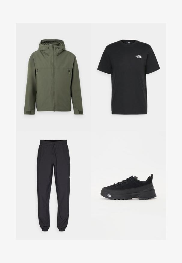 Olīvzaļš rūbiks ar rāvējslēdzēju, regulējamu kapuci un divām rāvējslēdzēja kabatām priekšā. Minimālistisks dizains ar teksturētu audumu.; Melna kokvilnas T-krekls ar īsām piedurknēm, apaļu kakla izgriezumu un mazu balto logotipu kreisajā krūtīs. Vienkāršs dizains, gluda tekstūra un brīvs piegriezums.; Melni sporta bikses, kas izgatavotas no viegla auduma, ar savelcamu jostu, sānu kabatām un sašaurinātiem apakšējiem galiem pie potītēm.; Melni āra sporta apavi ar zamšādas virsu, teksturētu gumijas zoli un izturīgu auklu sistēmu. Iezīmēts ar pastiprinātu papēdi un zīmola logo sānu daļā.