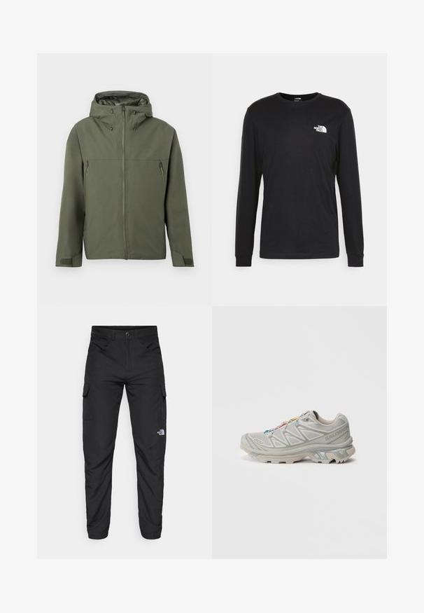 Olivno zelena jakna z zadrgo, nastavljivo kapuco in dvema žepoma z zadrgo spredaj. Minimalistična zasnova z teksturirano tkanino.; Črna majica z dolgimi rokavi iz bombaža, ki ima beli logotip na levem prsnem delu in rebraste manšete. Gladka tekstura z okroglim izrezom.; The North Face HORIZON PANT - Hlače za na prostem - black; Svetlo sivi športni čevelj z teksturiranim mrežastim zgornjim delom, odsevnimi poudarki, značilnim podplatom in pisanimi vezalkami. Ima podporno zasnovo.