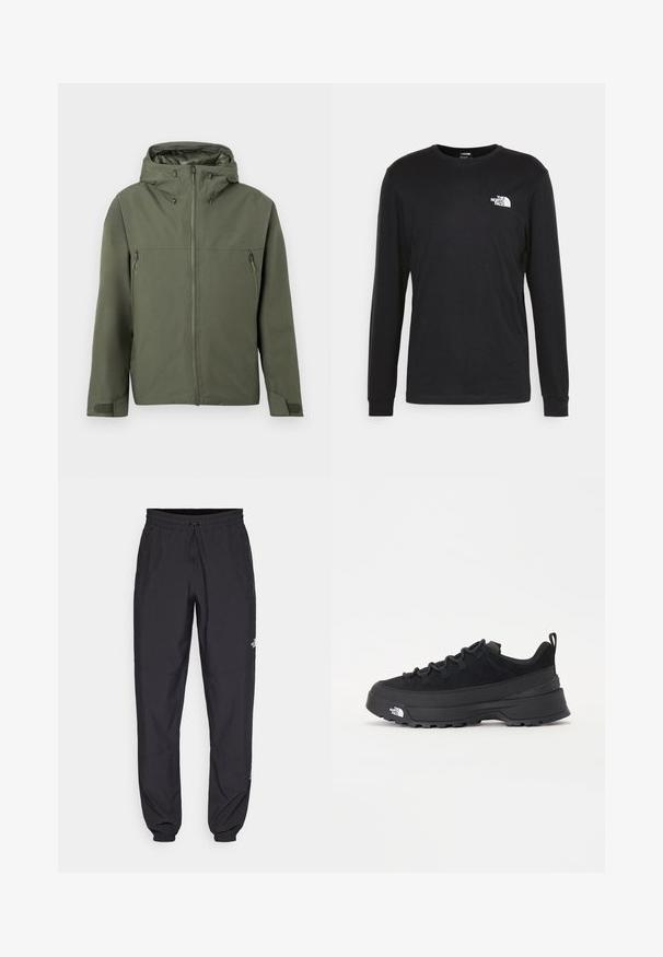 Olívazöld dzseki cipzárral, állítható kapucnival és két cipzáras első zsebbel. Minimalista dizájn, texturált anyag.; Fekete, hosszú ujjú pamut póló, bal mellrészen fehér logóval és bordázott mandzsettákkal. Sima textúrájú, kerek nyakkivágással.; Fekete sportnadrág, könnyű anyagból készült, húzózsinóros derékkal, oldalsó zsebekkel és szűkített szárakkal a bokáknál.; Fekete kültéri sneaker velúr felsőrésszel, texturált gumitalppal és strapabíró fűzőrendszerrel. Megerősített sarkú és oldalán márkalogóval rendelkezik.