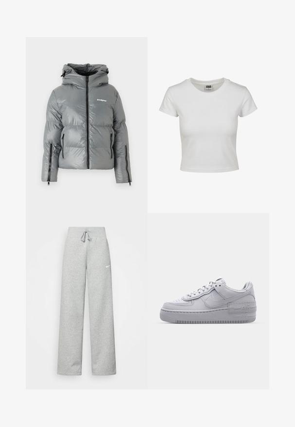 Szara kurtka puchowa z kapturem, z suwakiem z przodu, dwiema bocznymi kieszeniami na zamek i logo na piersi. Gładki, błyszczący materiał.; Biała bawełniana koszulka z klasycznym okrągłym dekoltem, krótkimi rękawami i dopasowanym krojem. Brak widocznych wzorów lub akcentów.; Szare dresy z elastycznym pasem, szczegóły ze sznurkiem i małym białym logo Nike na lewej udzie. Miękka tkanina, luźny krój.; Szare sneakersy Nike Air Force 1 z perforowanym noskiem, gładką skórzaną cholewką, grubą podeszwą oraz wytłoczonym detalem 'AIR' na pięcie.