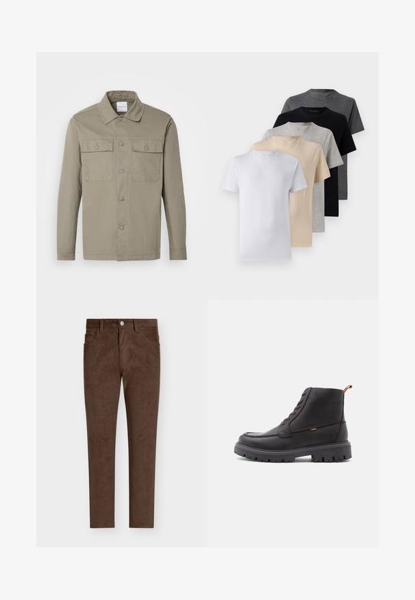 Cămașă cu guler classic, de culoare khaki deschis, din amestec de bumbac, cu mâneci lungi, două buzunare pe piept cu clapete, textură netedă și design minimalist.; Set de cinci tricouri cu mânecă scurtă în alb, bej, gri deschis, gri închis și negru. Fabricate din bumbac fin, cu un design de gât rotund.; Pantaloni de corduroy maro, cu croială dreaptă, având închidere cu nasture, buzunare frontale și textură verticală cu arcuri pe toată suprafața.; Bocanci din piele maro, până la gleznă, cu vârf rotund, cusături tonale, talpă robustă din cauciuc negru și o buclă portocalie la călcâi.