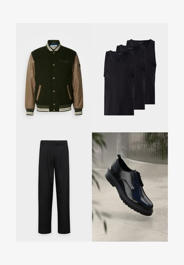 Roheline villasegu varsity-jakk pruunide nahkvarrukatega, triibulise ribakrae ja nupplukuga. Sisaldab küljetaskuid ja logo tikandit.; Mustaline mustad puuvillased tank topid kolmes pakis, ümmarguse kaeluse ja varrukateta disainiga, sileda tekstuuri ja klassikalise lõikega.; Mustad mustadest riietest, millel on sirge jalgade disain, kaks eesmist voltimist ja tavaline vöökoht, millel on vöökohad.; Must musta kingad, millel on läikiv pind, ümmargune varvas, nööridega sulgemine, kontrastõmblused ja paks kummist tald, millel on mustrimuster.