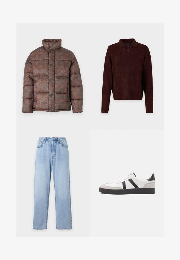 Puffjacka med hög krage, med ett geometriskt mönster i jordnära toner av brunt, orange och teal, tillverkad av ett vadderat tyg.; Brun stickad tröja med polo-krage, tre knappar vid nacken och långa ärmar. Mjuk textur, ribbade manschetter och fåll.; Ljust blå denimjeans med rak passform, hög midja, fem fickor och knäppning med övre knapp. Har en blek tvätt och kontrasterande sömmar.; Vit sneaker med svarta och grå accenter, med en strukturerad grå tådel, svart gummisul, och platta vita skosnören. Ren design, minimalistisk stil.