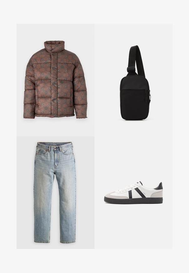 Doudoune avec un col haut, présentant un motif géométrique dans des teintes terreuses de marron, orange et bleu-vert, fabriquée à partir d'un tissu matelassé.; Pull en maille brun avec col polo, trois boutons au cou, et manches longues. Texture douce, poignets et ourlet à côtes.; Jean en denim bleu clair à taille haute, avec bouton avant, fermeture éclair et design à cinq poches, posé à plat sur un fond neutre.; Baskets blanches avec des accents noirs et gris, présentant un embout texturé gris, une semelle en caoutchouc noir et des lacets plats blancs. Design épuré, style minimaliste.; Sac bandoulière noir en tissu durable, avec une seule sangle ajustable, un compartiment principal zippé et une poche avant.
