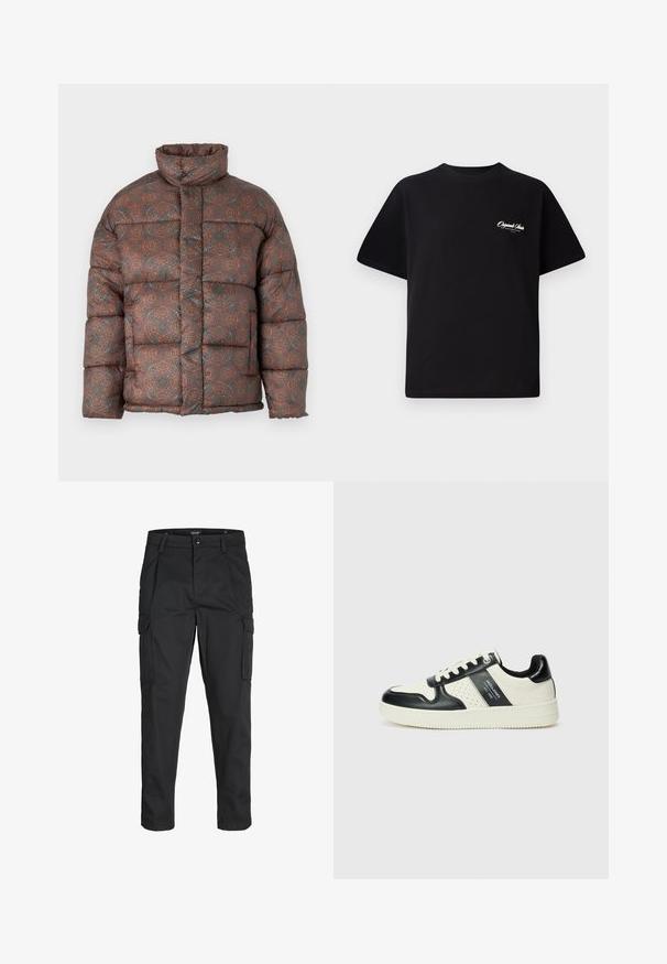 Puhasta jakna z visokim ovratnikom, ki ima geometrijski vzorec v zemeljskih tonih rjave, oranžne in teal, izdelana iz prešite tkanine.; Črna bombažna majica s krožno ovratnikom, kratkimi rokavi in majhnim belim logotipom na levem prsnem delu. Preprost dizajn, klasičen kroj.; Črne cargo hlače iz trdnega blaga, ki imajo več žepov, gumbasto zapiranje in ozek kroj z zožanimi nogami.; Usnjeni športni čevlji z črno in krem barvno shemo, ki vključujejo perforirane dodatke, podložen ovratnik in strukturirano podplat.