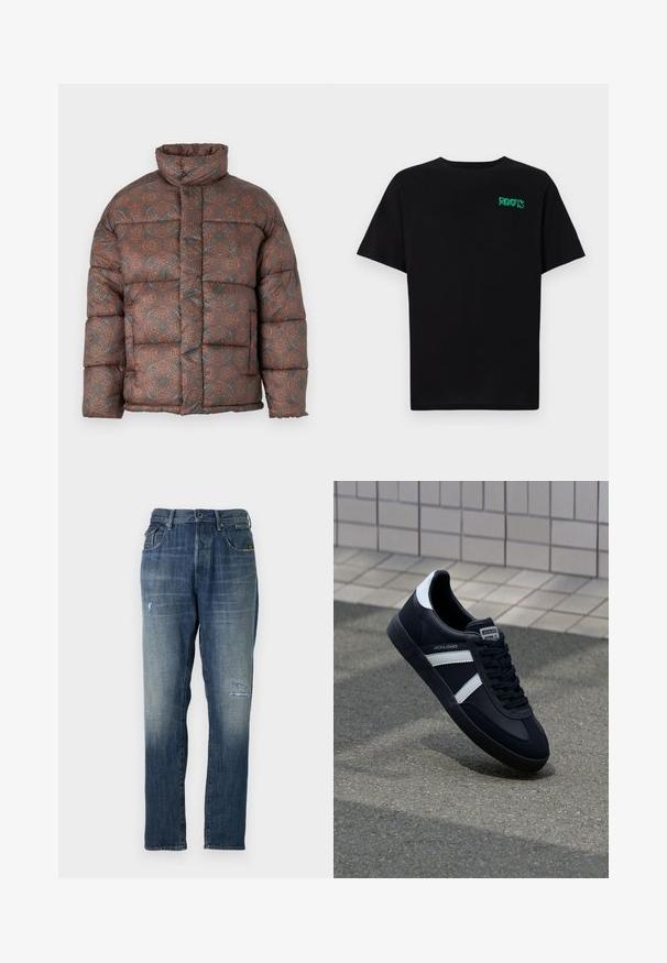 Téli dzseki magas gallérral, földszínekben, mint például barna, narancs és teal, geometrikus mintával, steppelt anyagból készült.; Fekete, pamutból készült póló rövid ujjakkal. Elöl zöld "ROOTS" logóval, kerek nyakkivágással és normál szabással.; Fakó kék színű farmeregyenes szárú kialakítással, mérsékelt kopásokkal elöl, valamint klasszikus öt zsebes stílusban.; Fekete bőr sportcipő fehér csíkokkal, textúrált gumitalppal és fűzős elejével. A nyelvén márkás címke található.