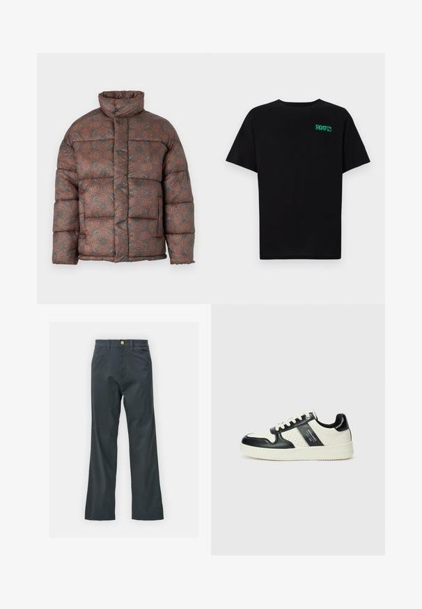 Puffjakett kõrge kaelusega, millel on geomeetriline muster maapinna toonides pruun, oranž ja türkiis, valmistatud tikitud kangast.; Must t-särk, mis on valmistatud puuvillast, lühikeste varrukatega. Esipaneelil on roheline "ROOTS" logo, ümmargune kaelus ja tavapärane lõige.; Mustad püksid sirge säärega, valmistatud puuvillasegistuse kangast. Omavad metallist nööbiga sulgemist ja küljetaskuid. Ilma nähtavate mustriteta.; Nahatud nahkkingad musta ja kreemi värviskeemiga, millel on perforeeritud aktsendid, pehme krae ja tekstureeritud tallad.