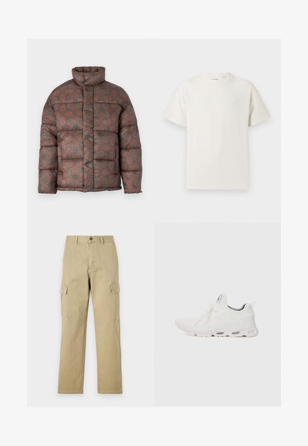 Mīkstais jaka ar augstu apkakli, ar ģeometrisku rakstu zemes toņos – brūnā, oranžā un zila krāsā, izgatavota no piešūta auduma.; Balta krūštura īsām piedurknēm ar ribota auduma faktūru. Apaļš kakla izgriezums, brīvs griezums, bez redzamām rakstām vai akcentiem. Vienkāršs un daudzpusīgs dizains.; Beige kravas bikses no kokvilnas, kas aprīkotas ar divām sānu kabatām, pogu aizdari un taisnām kājām ar nedaudz teksturētu audumu.; Baltas sporta apavi ar teksturētu adītu augšdaļu, platiem auklām un mīkstinātu zoli ar redzamām gaisa kamerām papildu atbalstam.