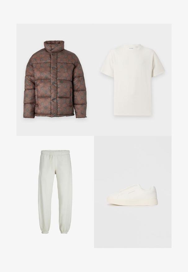 Kurtka puchowa z wysokim kołnierzem, zdobiona geometrycznym wzorem w ziemistych odcieniach brązu, pomarańczy i teal, wykonana z pikowanej tkaniny.; Biała krótka koszulka z krótkim rękawem o żebrowanej fakturze. Okrągły dekolt, luźny krój, brak widocznych wzorów lub akcentów. Prosty i uniwersalny design.; Białe dresy wykonane z miękkiego materiału, z elastycznym pasem i mankietami, o gładkiej fakturze i luźnym kroju.; Białe sneakersy wsuwane z teksturowanej powierzchni, grubą podeszwą i minimalistycznym designem. Zawierają logo marki z boku.
