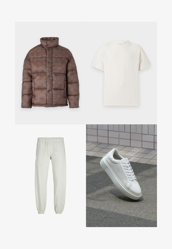 Daunenjacke mit hohem Kragen, die ein geometrisches Muster in erdigen Tönen von Braun, Orange und Blaugrün aufweist, gefertigt aus einem gesteppte Stoff.; Weißes T-Shirt mit kurzen Ärmeln in gerippter Textur. Runder Ausschnitt, lockere Passform, keine sichtbaren Muster oder Akzente. Einfaches und vielseitiges Design.; Weiße Jogginghose aus weichem Stoff, mit elastischem Bund und Säumen, einer glatten Textur und lockerem Schnitt.; Weiße Leder-Sneaker mit glatter Oberfläche, runder Zehenpartie und flachen weißen Schnürsenkeln. Verfügt über eine strukturierte Gummisohle und minimalistische Designelemente.