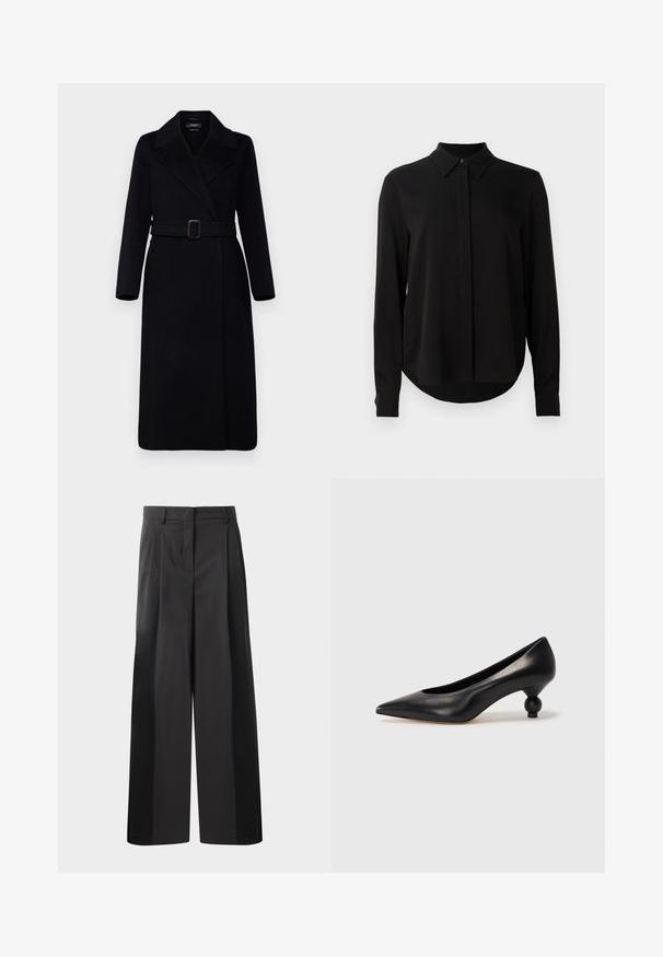 WEEKEND MaxMara MANU - Κλασικό παλτό - nero; Μαύρη μπλούζα με μακριά μανίκια, αιχμηρό γιακά, κρυφό κουμπωτό πέτο και καμπυλωτό στρίφωμα σε λευκό φόντο.; Μαύρο παντελόνι φαρδύ με ψηλή μέση, με κρόσσια μπροστά, ομαλή υφή και κομψό φινίρισμα. Σχεδιασμένο για άνετη εφαρμογή.; Μαύρο δερμάτινο ψηλοτάκουνο παπούτσι με μυτερή μύτη και στρογγυλή, μπαλαρίνα σόλα. Λείο υλικό με κομψό, μινιμαλιστικό σχέδιο.