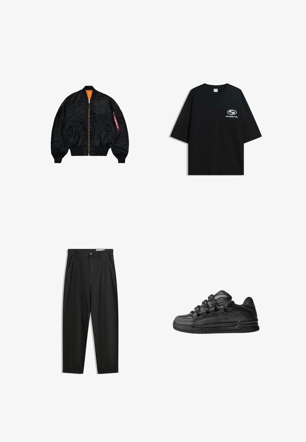 Jachetă bomber neagră cu un finisaj neted, căptușeală portocalie, închidere cu fermoar, manșete ribbate și un buzunar exterior cu fermoar și un tab de tragere roșu.; Tricou XXL din bumbac negru, cu guler rotund și mâneci scurte, având un logo alb "Shibuya" imprimat pe față.; Pantaloni negri din bumbac cu croială lejeră, având un brâu clasic, plii frontale și buzunare laterale. Textură netedă fără modele.; Adidași negri cu o parte superioară din piele netedă, accente texturate și șireturi rotunde negre și albe. Talpă groasă din cauciuc cu un profil texturat.