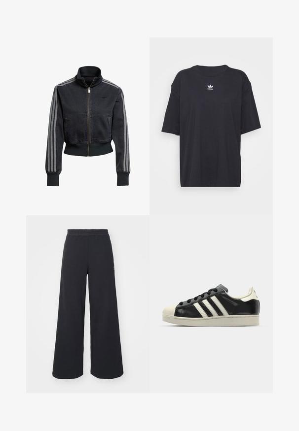 Črna jeans jakna z zadrgo spredaj, visokim ovratnikom in sivi trojnih črt na rokavih. Ima rebraste manšete in spodnji del.; Črna bombažna majica s kratkimi rokavi in okroglo ovratnikom, ki na prsih prikazuje bele Adidasove logotip. Enostaven dizajn, sproščen kroj.; Črne široke trenirke iz mehkega blaga, z elastičnim pasom in majhnim logotipom na levi strani.; Črne usnjene superge z belimi črtami, gumijastim pokrovom za prste, črnimi vezalkami in kremasto obrobo podplata. Gladka tekstura z sijočim zaključkom.