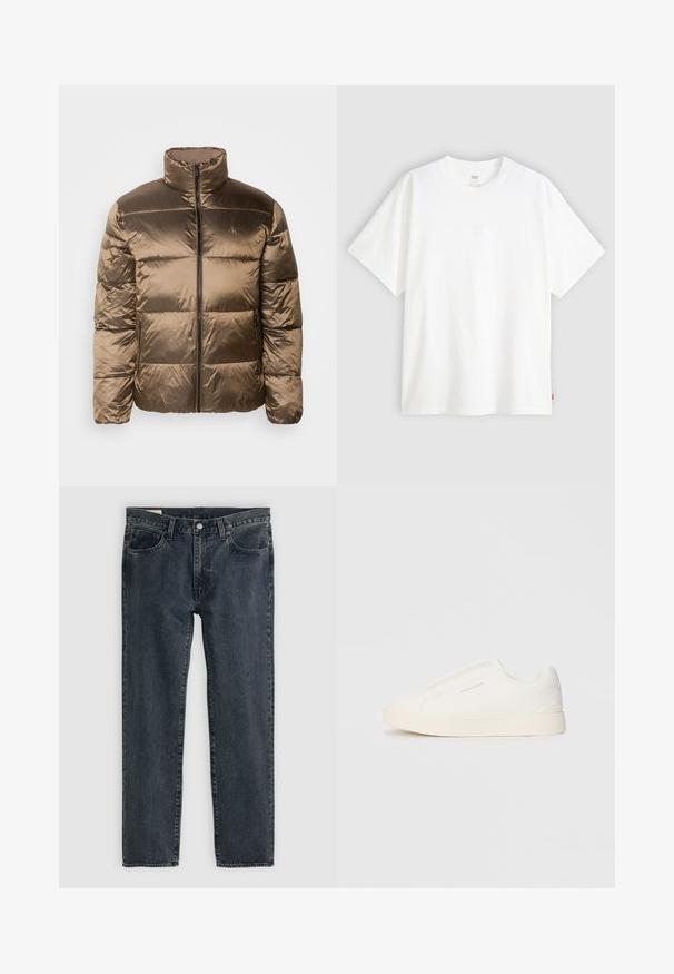Pufferjakke i bronse satin finish, med høy krage, frontlynlås og quiltede seksjoner for polstring.; Hvit t-skjorte med korte ermer laget av bomull, med rund hals. Har diskret preget logo detalj foran og en rød etikett på kanten.; Mørkeblå denimjeans med rett ben-design, fem lommer og knappestang. Tøyet viser en subtil falming og tekstur.; Hvite slip-on joggesko med teksturert overflate, tykk såle og minimalistisk design. Har merkevarelogo på siden.