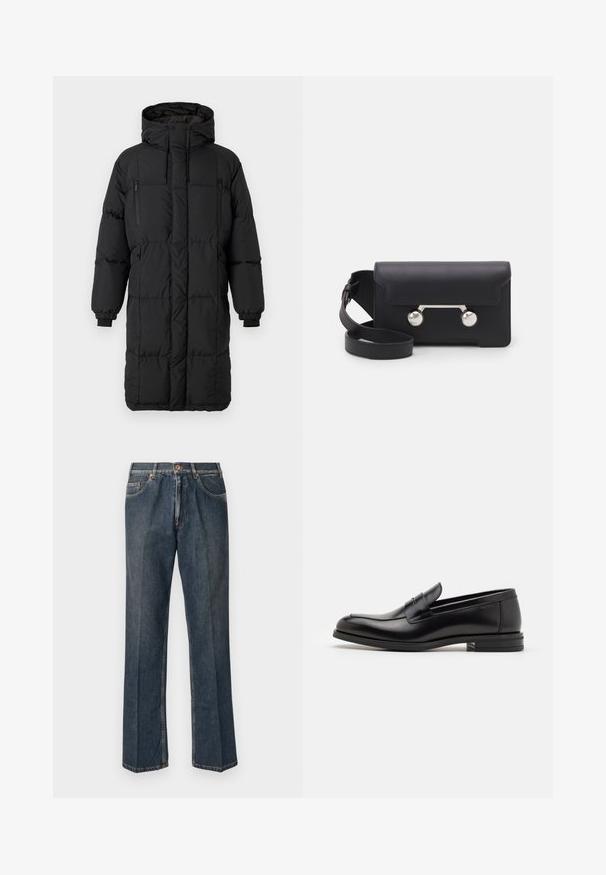 Črna podložena bunda z visokim ovratnikom, skritimi zadrgami, elastičnimi naramnicami in stranskimi žepi. Pravokotna oblika, gladka tekstura in aerodinamičen dizajn.; Temno modra kratka majica s kratkimi rokavi z belim napisom "neanche per sogno" sredi prsnega dela, okrogli izrez, velikost srednja.; Temno modri traper hlače ravnega kroja z gumbom spredaj, zadrgo, dvojnimi sprednjimi žepi in vidnimi navpičnimi gubami po nogah.; Črne usnjene loafer čevlje z gladko teksturo, zaobljenim nosom in dekorativnim trakom čez zgornji del. Nizka zložena peta, minimalističen dizajn.; Črna usnjena torbica za čez ramo z zapiranjem na preklop, srebrnimi dodatki in dvema okroglima okrasoma. Ima snemljiv trak. Gladka tekstura.