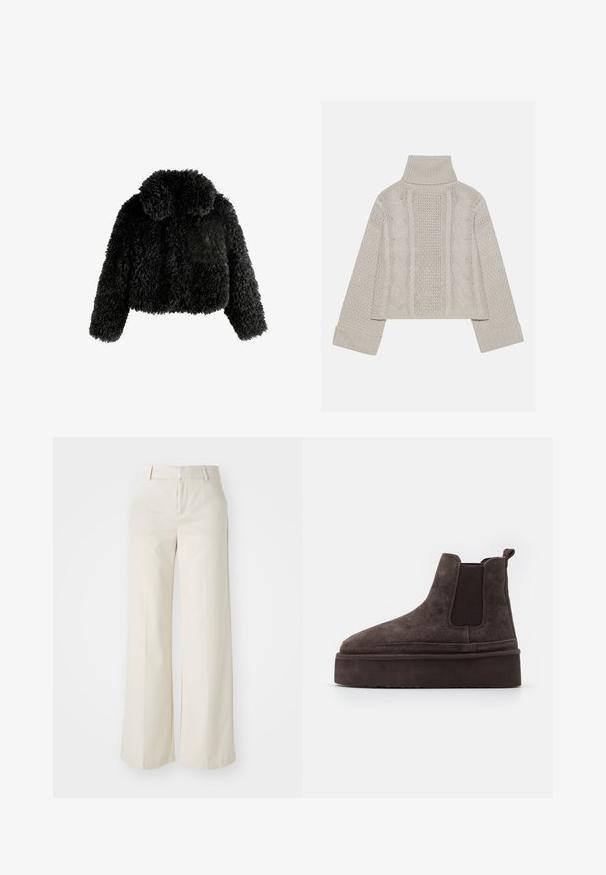 Melnā īsā jaka, izgatavota no pūkaina, faktūras auduma. Tajā ir noapaļots apkakle un garas piedurknes, ar mīkstu un ērtu izskatu.; Izgriezts, gaiši pelēks adīts džemperis ar augstu apkakli un ribotiem piedurknēm, ar fakturētām virknēm gar muguru un sāniem.; Platas kājās bikses gaisā bežā krāsā, izgatavotas no gludas auduma. Iezīmē klasisku jostasvietu un plakanu priekšpusi ar tīrām līnijām.; Brūni zamša Chelsea zābaki ar elastīgiem sānu paneļiem un biezas, teksturētas platformas zoli. Iespējams, ir vilkšanas cilpa uz papēža, kas atvieglo uzvilkšanu.