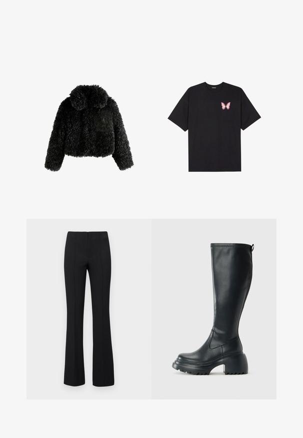 Must musta ja lühikeste varrukatega jope, mis on valmistatud kohevast, tekstureeritud kangast. Omab ümardatud kraed ja pikki varrukaid, pakkudes pehmet ja hubast välimust.; Must muströöpidega must puuvillane T-särk, vasakul rinnal on väike roosa liblikas. Ümar kaelus ja vabalt istuv lõige.; Mustad lõhkedega püksid ribatekstuuriga ja kitsas vöökoht. Disainil on vertikaalsed õmblused, et saavutada voolujooneline välimus. Nähtavaid metallosi ei ole.; Kõrge must nahksaapad, millel on massiivne platvormi tald ja blokk-kand, varustatud tõmbenööriga ja tekstuuriga väljatõmbejääk.