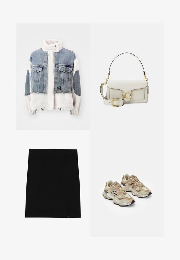 Dżinsowa i polarowa kurtka o skróconym kroju. Posiada jasnoniebieską dżinsową powłokę i białe pluszowe podszycie, dwie kieszenie na piersi oraz ściągacz u dołu.; Biała koszula zapinana na guziki z ostro zakończonym kołnierzykiem, długimi rękawami i małym niebieskim logo na lewej stronie klatki piersiowej. Wykonana z bawełnianej tkaniny.; Czarna mini spódnica z miękkiego materiału, o dopasowanym kroju, z delikatnym rozcięciem po boku dla dodatkowego akcentu.; Beżowe sneakersy z siateczki i zamszu. Zawierają czarne logo i teksturowane akcenty. Gruba biała środkowa podeszwa i czarna gumowa podeszwa.; Biała skórzana torebka z zapięciem w złotym odcieniu, czarnymi akcentami, odczepianym paskiem na ramię oraz usztywnioną konstrukcją z klapką.