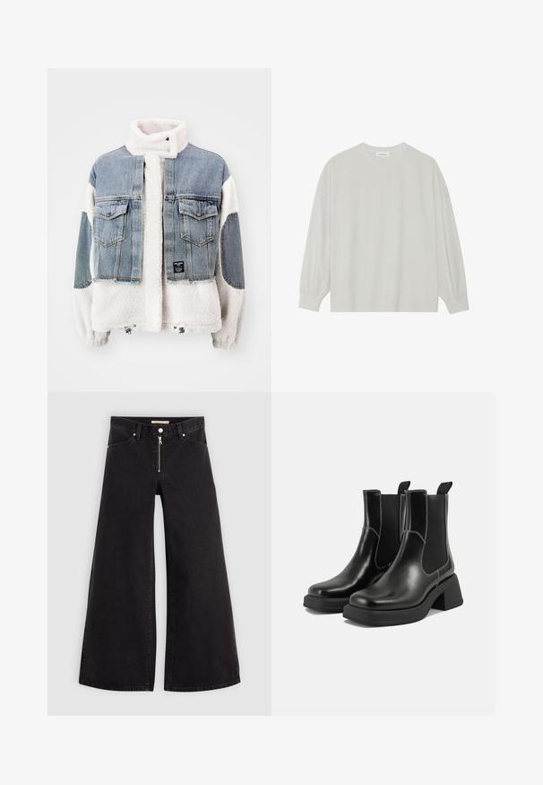 Jeans- og fleecejakke med cropped design. Har ytre lag i lyseblå denim og hvit plysj-fleeceforing, to brystlommer og snor i nederkant.; Lys grå langermet t-skjorte laget av myk bomull. Har en løs passform, rund hals og forsiktig samlet mansjetter. Ingen mønstre eller grafikk.; Vide benbukser i sort denim med glidelås i front, fem-lomme design og subtile sømdetaljer. Glatt tekstur og avslappet stil.; Sorte lær Chelsea støvler med en kraftig hæl, elastiske sidepaneler og kontrasterende hvid syning. Teksturert overflate.