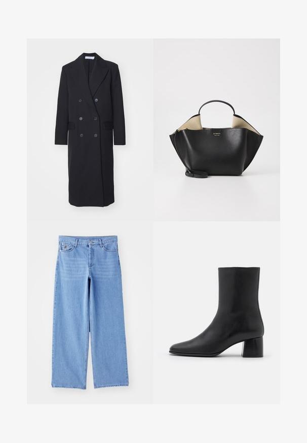 Iro KIRISSA - Classic coat - black; Black long-sleeve top made of soft fabric, featuring a round neckline and a relaxed fit with side slits at the hem for ease of movement.; Light blue wide-leg jeans made of denim, featuring a classic five-pocket design and a button-fly closure. Smooth texture, frayed hem.; Black leather ankle boot with a pointed toe and a chunky square heel. Smooth texture with a seamless design and minimalistic stitching.; Ree Projects ANN TOTE MINI - Handbag - black