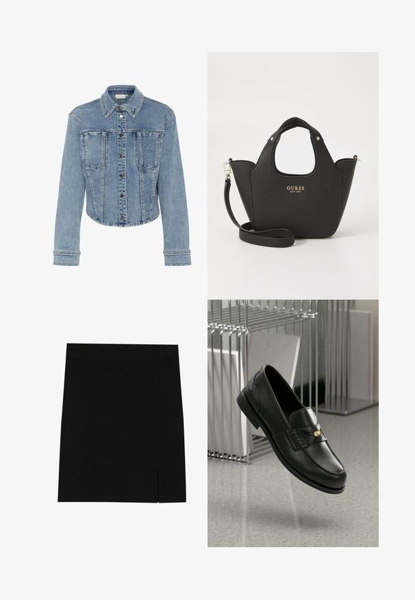 Hellblaues Jeansjacke mit einem taillierten Design, ausgestattet mit einem spitzen Kragen, Druckknöpfen und nietenbesetzten Akzenten entlang der Nähte und Taschen.; Weißes langärmliges Rippoberteil mit rundem Halsausschnitt. Der Stoff ist glatt, mit einer subtilen Textur und einer figurbetonten Passform. Keine sichtbaren Beschläge oder Muster.; Schwarzer Minirock aus weichem Stoff mit figurbetontem Design, ausgestattet mit einem leichten Schlitz an der Seite für zusätzlichen Details.; Schwarze Lederloafers mit glatter Oberfläche, ausgestattet mit einem dekorativen Band und kleinen goldenen Akzenten. Die Sohle ist flach und hat eine abgerundete Zehenpartie.; Schwarze, strukturierte Handtasche mit kurzen Griffen und einem abnehmbaren Schultergurt. Mit einem goldenen Logo-Akzent. Kompakte, strukturierte Form.