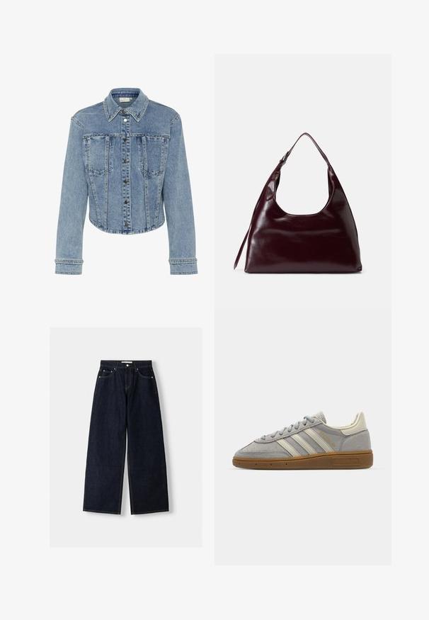 Hellblaues Jeansjacke mit einem taillierten Design, ausgestattet mit einem spitzen Kragen, Druckknöpfen und nietenbesetzten Akzenten entlang der Nähte und Taschen.; Schwarzer Strickpullover, runder Ausschnitt, lange Ärmel, lockere Passform, weiche Textur, keine sichtbaren Muster oder Akzente. Geeignet für den Freizeitlook.; Dunkelblaue, weite Jeans mit hoher Taille, fünf Taschen, Kontrastnähten und silbernem Metallzubehör. Glatte Textur und saubere Verarbeitung.; Graue Wildledersneaker mit hellgrauen Lederstreifen und einer Sohle aus Gummi. Zu den Merkmalen gehören eine Schnürung und dezente Markenkennzeichnung auf der Zunge.; Burgunderfarbene Lederhandtasche mit abgerundetem Ausschnitt, glatter Textur und langem Schulterriemen, minimalistischem Design und ohne sichtbare Hardware.