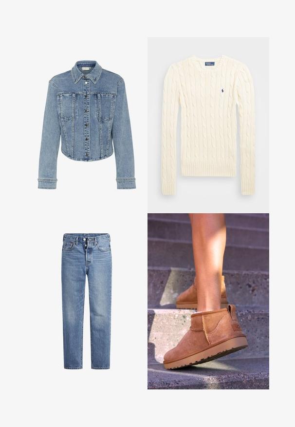 Hellblaues Jeansjacke mit einem taillierten Design, ausgestattet mit einem spitzen Kragen, Druckknöpfen und nietenbesetzten Akzenten entlang der Nähte und Taschen.; Cremefarbener kabelgehäkelter Pullover mit langen Ärmeln, gerippten Bündchen und Saum, mit einem kleinen gestickten Logo auf der linken Brust.; Helle blaue Jeans im geraden Schnitt, mit fünf Taschen und einem Knopfverschluss. Sie weisen dezente Verfärbungen und orangefarbene Nähte auf.; Beige Wildleder-Ankelstiefel mit weicher Textur, gesteppten Details und einer Gummisohle, ausgestattet mit einer Schlaufe an der Ferse für einfaches An- und Ausziehen.