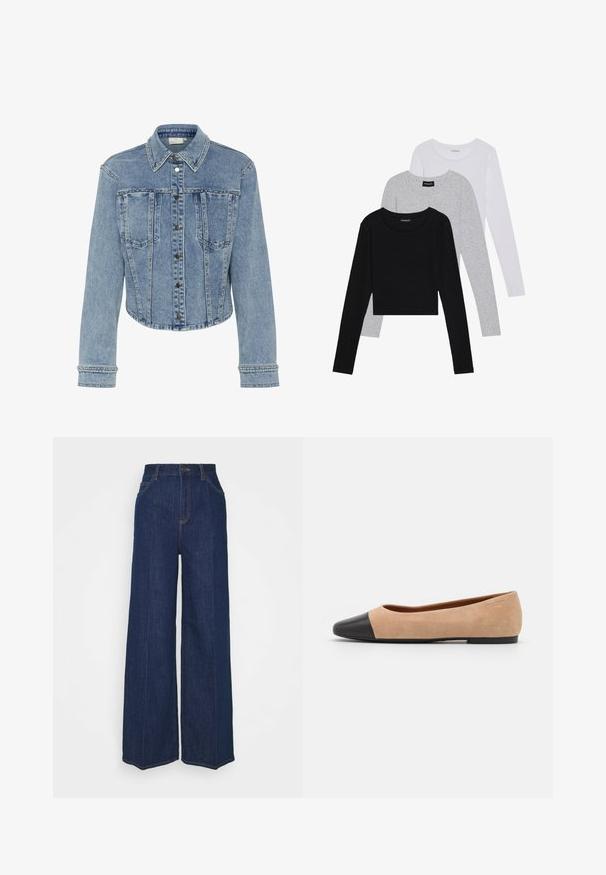 Svijetloplavi traper jakna s skraćenim dizajnom, koja ima šiljati ovratnik, dugmad na pritisak i zakovice duž šavova i džepova.; Tri dugih rukava posložena: crna, siva i bijela. Svaka ima okrugli izrez i skrateni kroj s glatkom, laganom tkaninom.; Tamno plave traperice s visokim strukom i širokim nogavicama, s prednjim i stražnjim džepovima, zatvaračem na gumb i vidljivim detaljima šivanja.; Bež balerinke od suede materijala s crnim kožnim zaobljenim vrhom, niskom potpeticom i glatkom površinom, s minimalnim šavovima i čistim dizajnom.