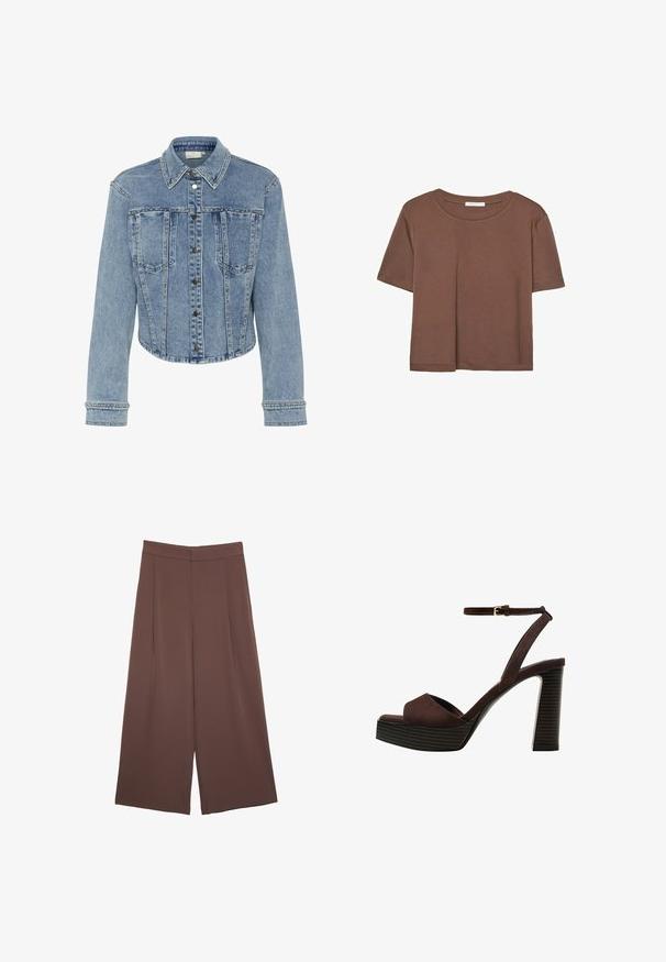 Svetlomodrá džínová bunda s kratším strihom, so špicatým golierom, cvokmi a nýtmi pozdĺž švov a vreciek.; Hnedé tričko s krátkym rukávom vyrobené z jemného materiálu, s okrúhlym výstrihom a voľným strihom. Žiadne viditeľné vzory ani akcenty.; Hnedé nohavice so širokými nohavicami a hladkou textúrou, s vysokým pásom a prednými skladmi. Tkanina je ľahká a voľne sa pohybuje.; Hnedé semišové sandále na vysokom podpätku s otvorenou špičkou, nastaviteľným členkovým remienkom a pruhovanou platformovou podrážkou.