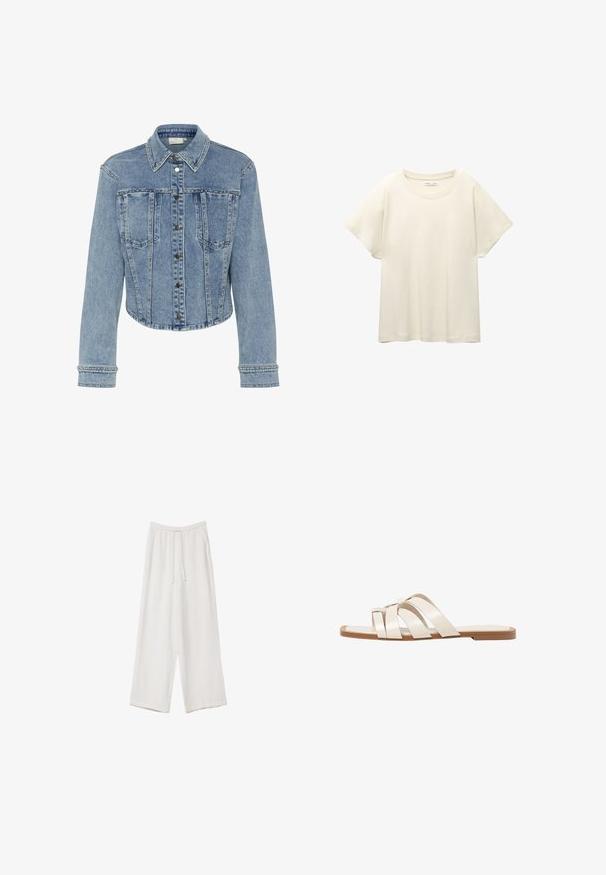 Lys blå denimjakke med en cropped design, der har en spids krave, trykknapper og naglebesatte detaljer langs sømme og lommer.; Lys beige kortærmet t-shirt med rund halsudskæring, lavet af blødt, glat stof. Har en afslappet pasform og lige forneden.; Hvide bukser med bred benlængde lavet af et letvægtsstof. Har et elastisk talje med snor og sidelommer. Glat tekstur.; Flade sandaler med en lys gummisål, designet med tre overlappende hvide læderremme og en lille sløjfe detalje i midten.