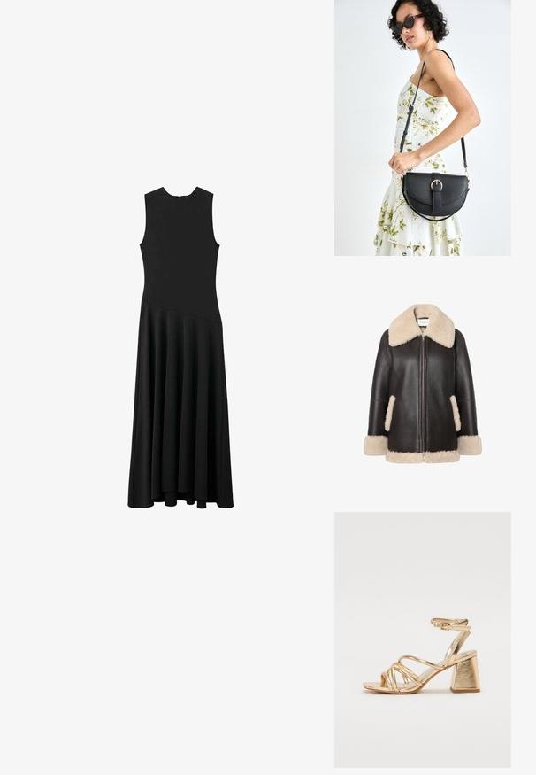 Braune Lederjacke mit cremefarbenem Shearlingkragen und -besatz, ausgestattet mit einem Frontreißverschluss und seitlichen Taschen. Weiche Textur und entspannte Passform.; Schwarzes ärmelloses Maxikleid mit enger Passform im Oberteil und schwingendem Rock, ausgestattet mit einer glatten Textur und minimalistischem Design, ohne sichtbare Verschlüsse.; Goldfarbene, metallisch glänzende Sandalen mit Absatz, die über ein verführerisches Riemen-Design, einen quadratischen Blockabsatz und einen verstellbaren Knöchelriemen mit Schnalle verfügen. Glatte Textur.; Schwarze Lederhandtasche mit geschwungener Form, abnehmbarem Tragegurt und goldenen Beschlägen. Die Tasche verfügt über einen Deckel mit einer Schnallen-Details.