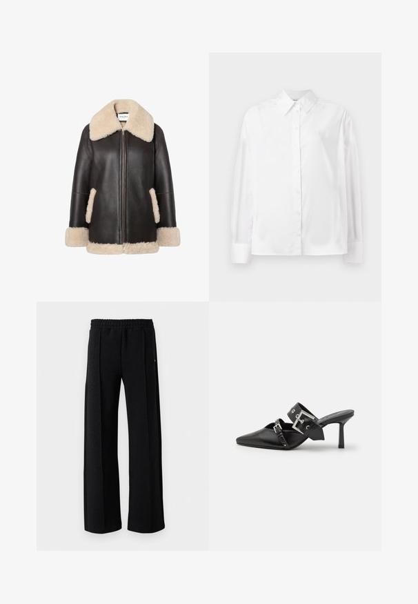Braune Lederjacke mit cremefarbenem Shearlingkragen und -besatz, ausgestattet mit einem Frontreißverschluss und seitlichen Taschen. Weiche Textur und entspannte Passform.; Weißes Langarm-Hemd mit Knopfverschluss aus einer glatten Baumwollmischung. Verfügt über einen klassischen Kragen, eine Frontknopfverschluss und abgerundete Manschetten.; Schwarze gerade Hosen mit elastischem Bund und subtiler Struktur im gesamten Stoff auf einem weißen Hintergrund.; Schwarze High-Heel-Mules mit spitzem Zeh aus glattem Leder. Mit einem breiten Knöchelriemen, der eine quadratische silberne Schnalle und Nieten aufweist.