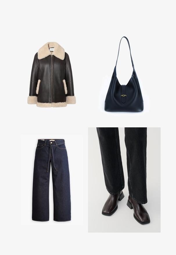 Brun læderjakke med lys pelskrave og kant, med en frontlynlås og sidelommer. Blødt stof og afslappet pasform.; Marineblå turtleneck langærmet top. Fremstillet af blødt stof med en glat tekstur. Har et tætsiddende design og høj krave uden synlige sømme.; Bredde ben mørkeblå denim jeans med høj talje, der har snoretræk, fem lommer og kontrastsyet detaljer.; Brune læder ankelstøvler med firkantet tå og blokhæl, parret med sorte brede jeans. Glat tekstur og minimalistisk design.; Sort læderhåndtaske med et blødt, afslappet design. Har en flad rem og en central lukning prydet med en guldfinish.