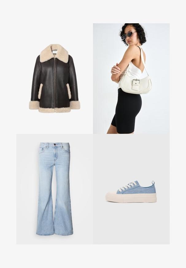 Barna bőrkabát krémszínű prémes gallérral és díszítéssel, elülső cipzárral és oldalsó zsebekkel. Puha tapintás és laza illeszkedés.; Rövid, fehér, pamut póló, rövid ujjakkal, kerek kivágással és egyenes szegéllyel, sima textúrával és letisztult dizájnnal.; Világoskék szárban bővülő farmer, magasan kialakított derékkal, farmeranyagból, öt zsebbel és gombos záródással. A nadrágszárak szélesek és enyhén kifakult hatásúak.; Világoskék vászon sportcipők, krémszínű gumitippel és talppal, fehér fűzőkkel és egy húzófüllel a sarkán.; Fehér bőr kézitáska ívelt formával, állítható pánttal és egy kis csattal. A modellen fitted fekete ruha van.