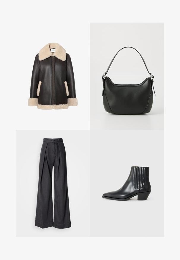 Brun læderjakke med lys pelskrave og kant, med en frontlynlås og sidelommer. Blødt stof og afslappet pasform.; Grå ærmeløs turtleneck-top med tætsiddende pasform, ribbet tekstur, glat stof, har høj krave og stilfulde skulderudskæringer.; Bredde ben sorte denimbukser med høj talje, der har frontfolder og en klassisk lynlås lukning. Sprød, glat tekstur med en ren finish.; Sorte læder ankelstøvle med spids tå, elastiske sidepaneler med lodrette riller og en lav blokhæl. Glat tekstur og slankt design.; Sort læderhandtaske med en buet form, sølv lynlås og et kort håndtag. Har et diskret logo på forsiden og en glat tekstur.