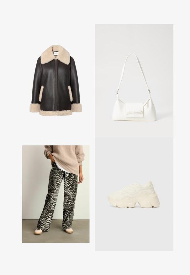 Brūns ādas jaka ar krēmkrāsas vilnas apkakli un apdari, ar priekšējo rāvējslēdzēju un sānu kabatām. Mīksta tekstūra un pieguļoša piegriezte.; Balts bez piedurknēm tops ar apaļu kakla izgriezumu. Izgatavots no gludas auduma, tam ir brīvs piegriezums un minimālistisks dizains. Nav nekādas rakstainības vai akcentu.; Lauku raksta leoparda printa platās bikses, kas izgatavotas no mīksta auduma, ar elastīgu jostasvīru un melnbaltu krāsu shēmu. Saskaņotas ar bēša džemperi.; Masīvi balti sportisti, kas izgatavoti no strukturēta sieta un sintētiskajiem materiāliem, ar biezu zoli un sarežģītām rakstu detaļām gar sāniem.; Balta sintētiska soma ar trīsstūrveida formu, plakanu priekšējo vāciņu un loku detaļu, regulējamu siksnu, gludu tekstūru un minimālistisku dizainu.