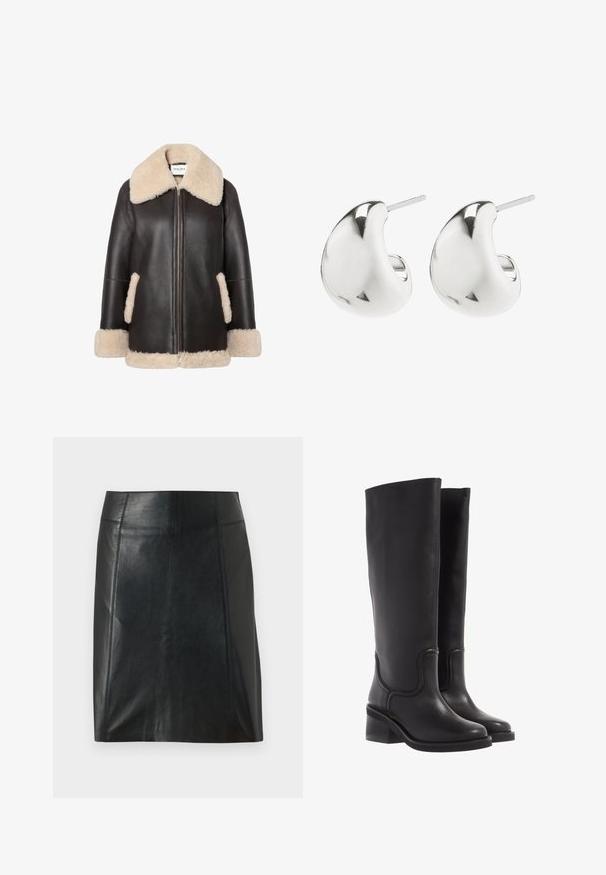 Rjava usnjena jakna s kremnim ovčjim krznom okoli ovratnika in ob robovih, z zadrgo spredaj in stranskimi žepi. Mehka tekstura in sproščen kroj.; Tri dolga rokava zložena: črna, siva in bela. Vsaka ima okroglo izreznico in skrajšan dizajn z gladkim, lahkotnim materialom.; Črna usnjena krilo s prilegajočo zasnovo. Gladka tekstura, šivi, ki obdajajo obliko, in ravna obroba. Minimalističen in eleganten videz.; Črne usnjene škornje do kolen z gladko teksturo, zaokroženim prstom in robustnim petnim delom. Imajo diskretne šive in poenoteno zasnovo.; Srebrne uhane s studom z gladkim, ukrivljenim dizajnom. Imajo polirano površino in zaponko za varno nošenje.