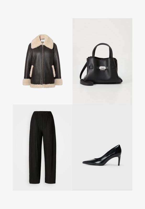 Pruun nahast jakk, millel on kreemjas karvane krae ja ääris, esifront zipper ning küljetaskud. Pehme tekstuur ja mugav lõige.; Must have lühikeste varrukatega t-särk, mis on valmistatud pehmest puuvillast, ümmarguse kaelusega, lõdva sobivusega ja sileda tekstuuriga. Ei ole nähtavaid mustreid ega graafikat.; Mustad voodri laiad püksid elastse vöökoha ja vertikaalsete volangidega, millel on sile tekstuur.; Mustmust musta kõrge kontsaga king, millel on terav varvas, sile tekstuur ja kitsenev konts. Minimalistlik disain, ilma täiendavate kaunistusteta.; Mustmust kott, millel on tekstuuriga viimistlus, sisaldab kahte ülemist kättehaaret, eemaldatavat õlarihma ja hõbedast luku detaili.