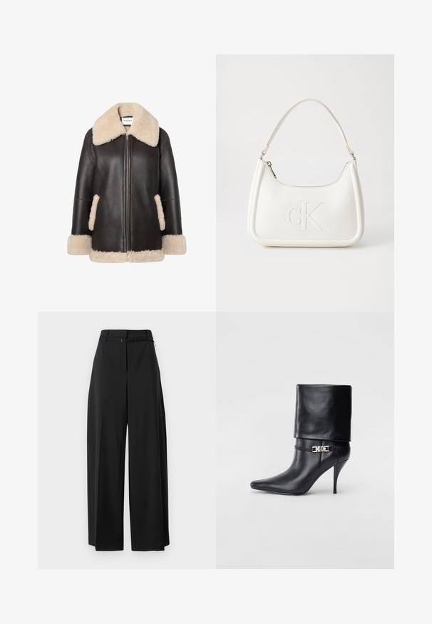 Brun læderjakke med lys pelskrave og kant, med en frontlynlås og sidelommer. Blødt stof og afslappet pasform.; Hvid cropped T-shirt, korte brede ærmer, blødt bomuldsstof, rund halsudskæring med diskret orange kant, minimalistisk design uden mønstre eller grafik.; Sorte bredde ben bukser med høj talje og bælte. Har en glat tekstur og rene linjer, designet til en afslappet pasform.; Sort læder ankelstøvle med spids tå, høj stiletto hæl, fold-over manchet og en guld dekoreret spænde detalje på anklen.; Hvid lædertaske med en buet form, der har et præget "CK"-logo på fronten og en enkelt skulderrem. Lynlåslukning i toppen.