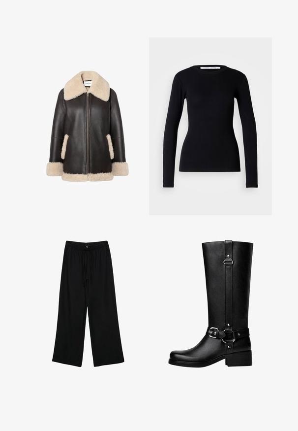 Smešak od smeđe kože s kremastim krznenim ovratnikom i rubovima, s prednjim zatvaračem i bočnim džepovima. Mekana tekstura i opušteni kroj.; Crna majica dugih rukava napravljena od rebraste tkanine. Ima okrugli izrez i uski kroj. Bez uzoraka ili ukrasa. Jednostavan dizajn.; Crne, lagane hlače širokih nogavica s elastičnom pasicom i vezicom. Glatka tekstura, bez vidljivih uzoraka ili hardvera.; Visoke crne čizme od umjetne kože s okruglim vrhom, detaljem kopče na remenu i debelim potplatom. Glatka tekstura i vertikalni šav na nogavici.