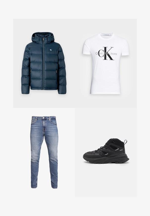 Navy blue puffer jacket with a hood, featuring a front zipper, elastic cuffs, and a branded logo on the chest. Soft, quilted texture.; White cotton t-shirt featuring a black "CK" logo and "Calvin Klein Jeans" text, short sleeves, and a classic round neckline.; Blue slim-fit jeans with five pockets, faded wash, button closure, and belt loops, displayed against a white background.; Black hiking shoes featuring a layered design, textured fabric, and rubber sole, with reinforced areas and a lace-up front.