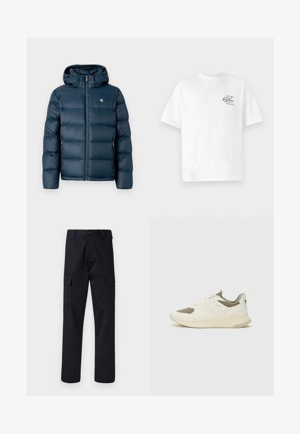 Navy blue puffer jacket with a hood, featuring a front zipper, elastic cuffs, and a branded logo on the chest. Soft, quilted texture.; White cotton t-shirt with short sleeves, crew neck, featuring a black CK logo on the left chest area, standard fit, smooth texture.; Black cargo pants made of sturdy fabric, featuring a straight-leg cut, two side pockets, and a button closure at the waistband.; White and light beige athletic sneaker, featuring a mesh upper, perforated detailing, and a textured midsole with branding on the heel.