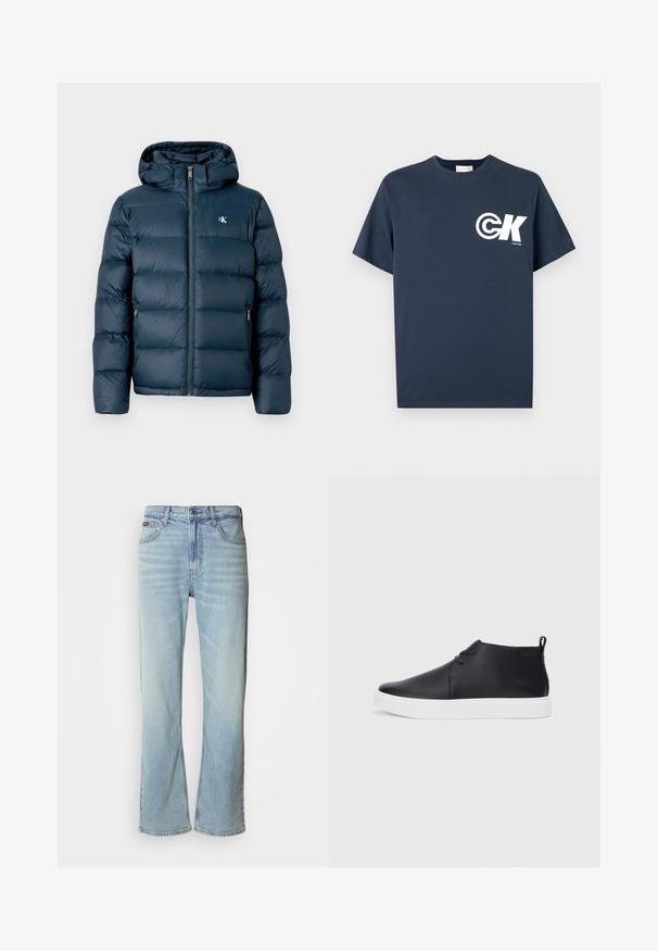 Granatowa kurtka puchowa z kapturem, z zamkiem błyskawicznym z przodu, elastycznymi mankietami i logo marki na klatce piersiowej. Miękka, pikowana struktura.; Granatowy T-shirt z krótkim rękawem i okrągłym dekoltem, z białym logo CK oraz napisem "Calvin Klein" na lewej piersi.; Jasnoniebieskie dżinsy z prostymi nogawkami, posiadające pięć kieszeni, zapięcie na guzik oraz subtelne wyblaknięcia na tkaninie.; Czarne skórzane sneakersy za kostkę o gładkim wykończeniu, białej gumowej podeszwie i prostym sposobie sznurowania. Posiadają uchwyt z tyłu.