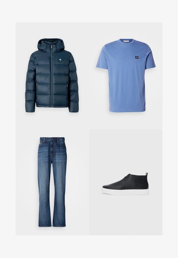 Tamno plava puf jakna s kapuljačom, koja ima prednji zatvarač, elastične manžete i brendirani logo na prsima. Mekan, kviltani materijal.; Svijetloplava pamučna majica kratkih rukava s okruglim izrezom, s malim tamnoplavim logom na lijevoj strani prsnog koša. Glatka tekstura.; Plave traperice s visokim strukom, raširenim nogavicama, dizajnom s pet džepova i toniranom šavom. Imaju kopčanje na gumbe i zakovice na džepovima.; Crne kožne visoke tenisice s glatkom završnom obradom, bijelim gumene potplate i jednostavnim dizajnom vezanja. Imaju povlačenje na stražnjem dijelu.