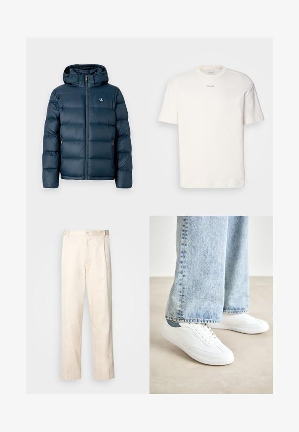 Giacca a vento blu navy imbottita con cappuccio, dotata di zip frontale, polsini elasticizzati e logo del brand sul petto. Testura morbida e trapuntata.; T-shirt bianca in cotone con scollo rotondo, maniche corte e logo ricamato "Calvin Klein" al centro del petto. Design semplice.; Pantaloni in cotone beige con taglio dritto, dotati di chiusura a bottone e pence sul davanti per un tocco di dettaglio in più.; Sneakers bianchi con materiale liscio, design con lacci, suola di gomma testurizzata e un accento verde acqua sul tallone, abbinate a jeans azzurri.