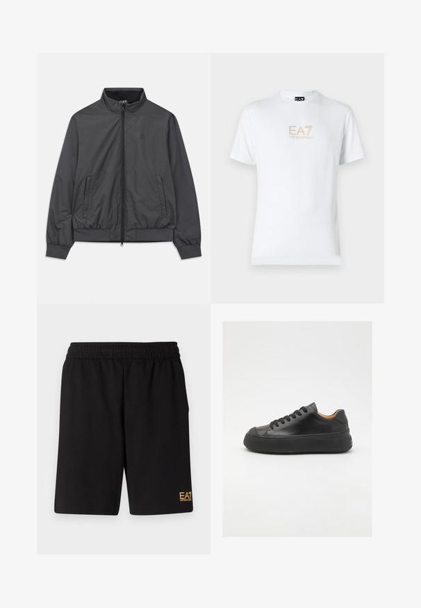 Szara, lekka kurtka z zamkiem z przodu, wysokim kołnierzem, elastycznymi mankietami i dołem; posiada boczne kieszenie i minimalne logo.; Biała bawełniana koszulka z okrągłym dekoltem i krótkimi rękawami, z nadrukowanym z przodu złotym logo EA7 Emporio Armani.; Czarne sportowe szorty wykonane z miękkiego materiału, z elastycznym paskiem w talii oraz małym, żółtym logo EA7 na dolnej lewej nodze.; Czarne skórzane trampki z okrągłym noskiem, sznurowanym przodem, gładką teksturą, grubą gumową podeszwą i kontrastującym, tanowym wnętrzem.
