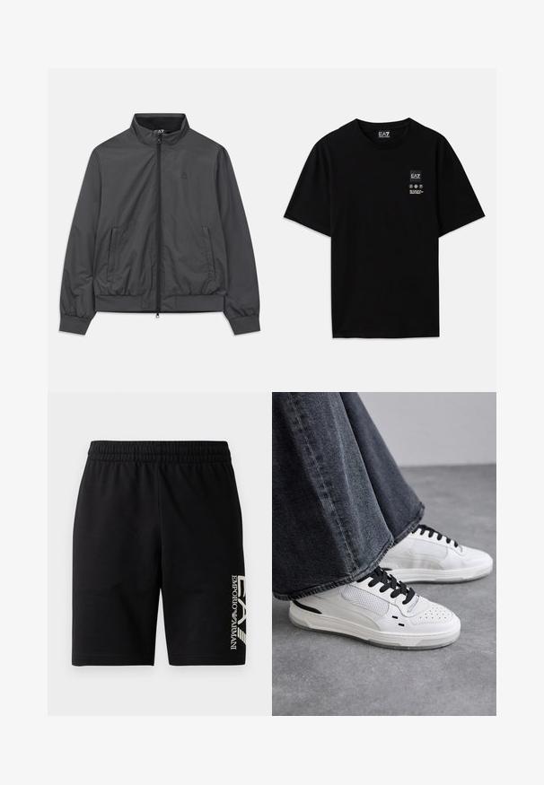 Hall värvi kerge jakk, millel on kyljes lukuga eesmine osa, kõrge krae, elastsed mansetid ja hem; sisaldab küljetaskuid ja minimaalset brändingut.; Must must-habetic T-särk mustadest puuvilladest lühikeste varrukatega, ümar kaelus ja väike logo silt ees, mis sisaldab hooldusmärke valgena.; EA7 Emporio Armani TRAIN VISIBILITY - Lühikesed püksid - black/cream; Valged sneakerid mustade paelte ja võrgukaunistustega. Omavad siledat nahast ülemist osa ja tekstureeritud kummist tallat. Kombineeritud laiade hallide teksadega.