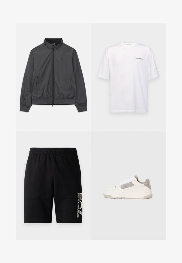 Siva lahka jakna z zadrgo spredaj, visokim ovratnikom, elastičnimi manšetami in robom; ima stranske žepe in minimalno označevanje.; Bela kratka majica s kratkimi rokavi iz bombaža z V-izrezom, ki vsebuje črn logotip "FILLING PIECES" natisnjen na levi strani.; EA7 Emporio Armani TRAIN VISIBILITY - Kratke hlače - black/cream; Beli in svetlo sivi nizki športni copat s belimi vezalkami in semiš detajli, prikazan s strani na enobarvni svetli podlagi.