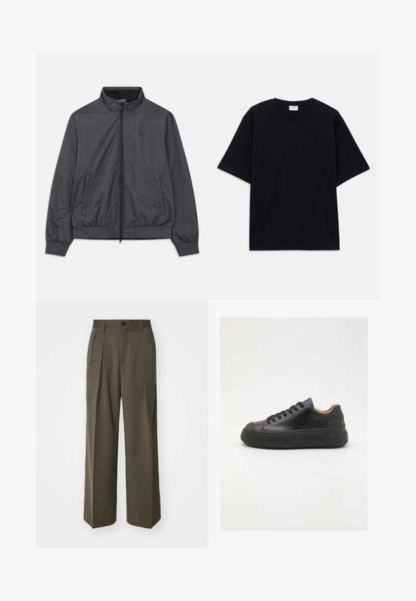 Grå lett jakke med glidelås foran, høy krage, elastiske mansjetter og hem; har sidelommer og minimal branding.; Svart oversized t-skjorte med kort erm og rund hals, med synlig Filippa K-merkelapp inne i kragen.; Filippa K WIDE TROUSERS - Bukse - driftwood; Sorte lær sneakers med rund tå, snøring foran, glat tekstur, tyk gummisål og kontrasterende tan inderside.