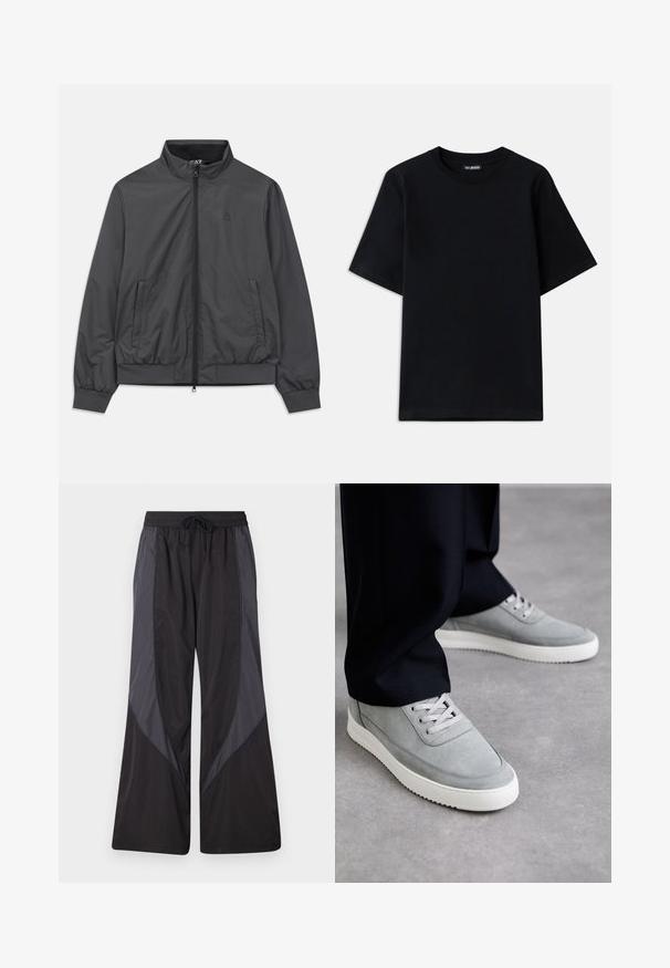 Pilkas lengvas švarkas su užtrauktuku, aukšta apykakle, elastinėmis rankogaliais ir hemu; turi šonines kišenes ir minimalų ženklinimą.; Juodas medvilnės marškinėliai su apykakle ir trumpomis rankovėmis. Su subtiliu logotipo siuvinėjimu kairėje krūtinės pusėje. Lygus, glotnus paviršius.; Han Kjøbenhavn PANELLED TRACK TROUSERS - Treningo apatinė dalis - anthracite black; Pilki zomšiniai sportbačiai su baltais guminais padu, turintys raištelių dizainą, apvalią nosį ir subtilius siuvinėjimo elementus, derinami su juodomis kelnėmis.